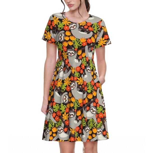 Disketp Sloth on the Branch para Vestido de Manga Corta para Mujeres, Vestidos de Verano para Mujeres, Casual y Holgado para la Playa