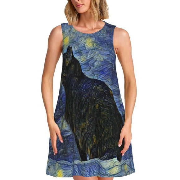 Kdxio Shambhala Cat In Van Gogh Impressionist Print Women's Summer Dresses Beach Casual Sleeveless Tank Loose Sundress with Pocket