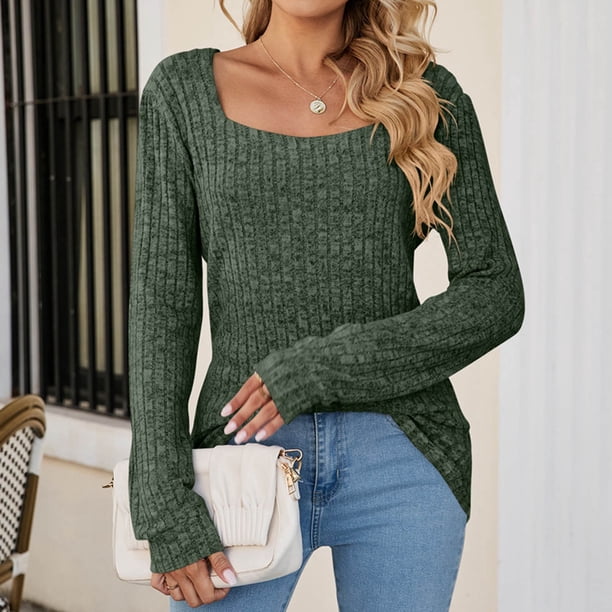 Puntoco Blusa regular sólida de manga larga con cuello cuadrado sexy de invierno para mujer Puntoco Puntoco-562