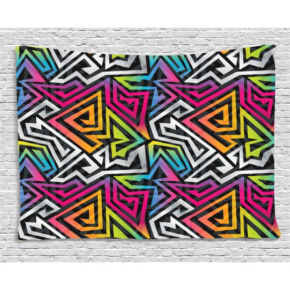Urban Graffiti Tapestry, Rainbow Colored Labyrinth Bold Lines Shaded Colorful Maze Inspired Pattern, Wall Hanging for Bedroom Living Room Dorm Decor, 80W X 60L Inches, Multicolor, by Ambesonne