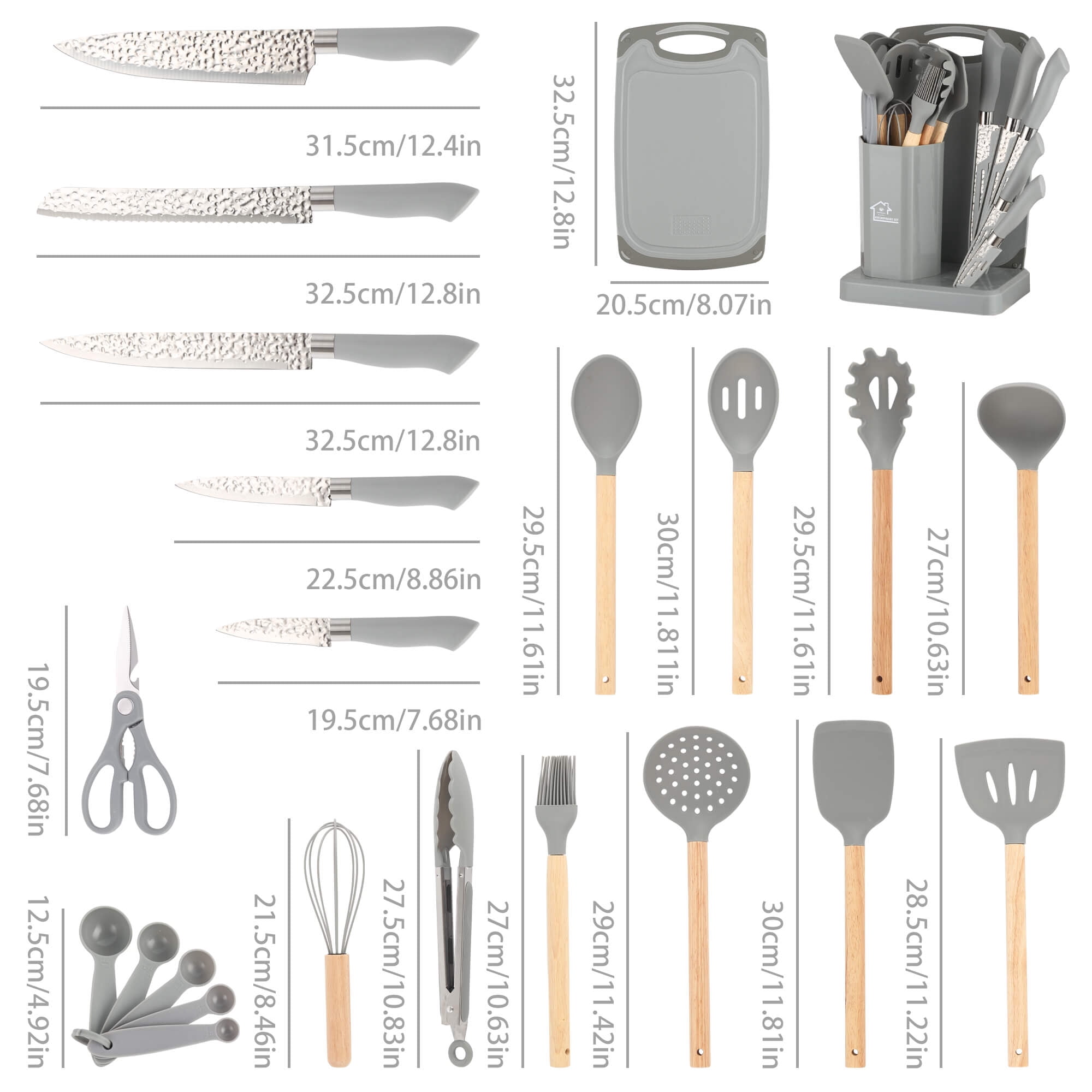 HEESEM 23 PCS Silicone Utensils Kitchenware Set with Removable Knife Cover, Non-Stick Heat Resistan Tools-Gray