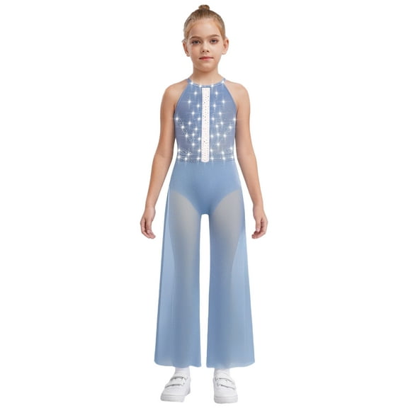Miutii Kids Girls Sparkly Jumpsuit Sleeveless Full Bodysuit Halter Leotard Sheer Wide Leg Romper Pants Overalls Dusty Blue 14