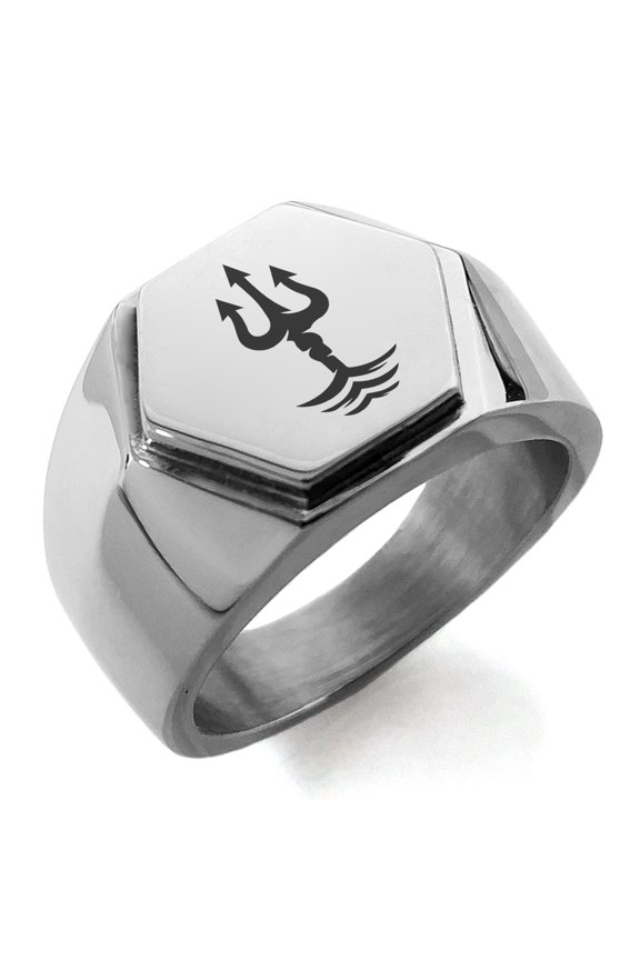 Stainless Steel Poseidon Greek God of Sea Engraved Hexagon Crest Flat Top Biker Style Polished Ring
