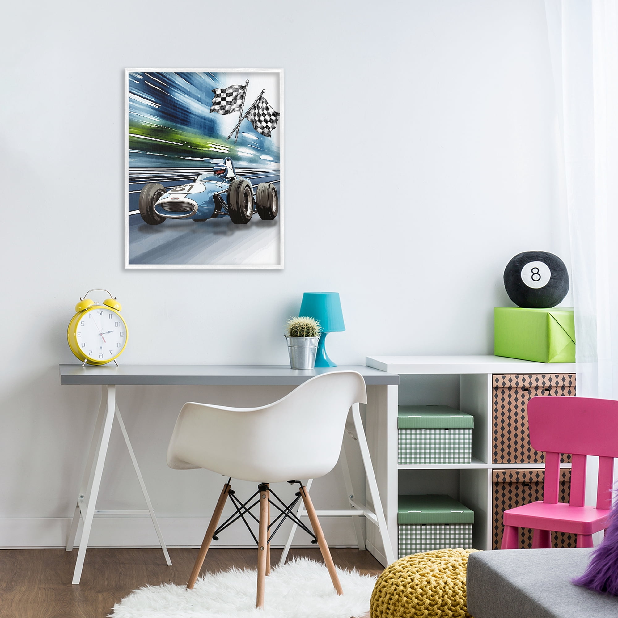 Stupell Industries Speedy Racecar with Flags White Framed Giclee Art, design by Christine Simpson Art