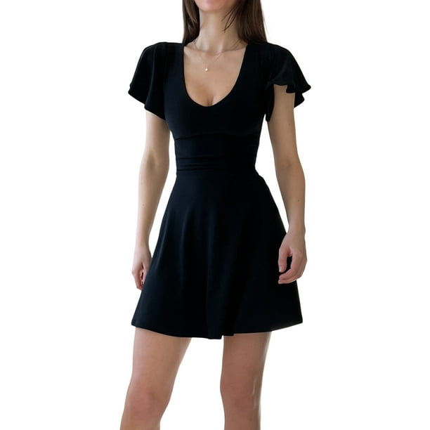 Lucakuins Mini vestido para mujer, manga de mosca, cuello en U, color sólido, vestido de verano, ropa de calle para fiesta diaria Lucakuins moda