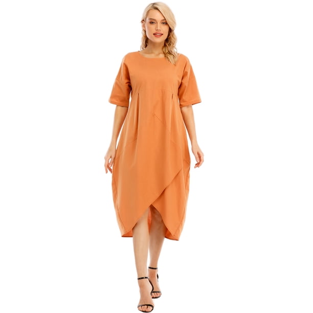 Vestido de mujer de moda O Cuello de manga corta Cintura alta Bolsillos de dobladillo asimétric Abanopi Vestido de mujer