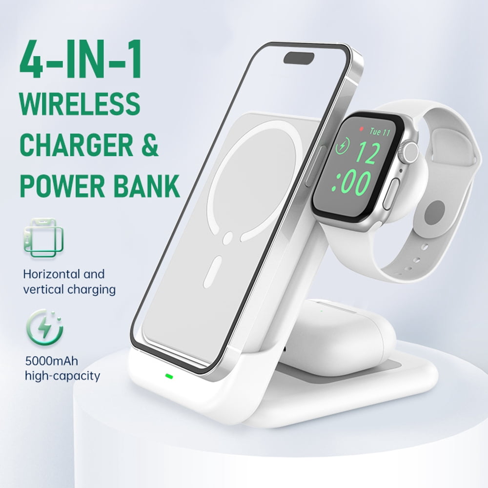 4 in 1 Wireless Charger & Power Bank for MagSafe Fast Charging Station Portable Battery for iPhone/i-Watch-White