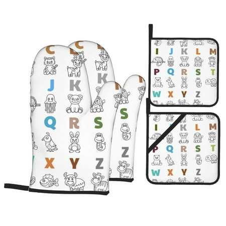

PUREYAH Oven Mitts And Pot Holders Sets Kitchen Doodle Animal Letter Oven Gloves Hot Pads Heat Resistant 4 Pieces