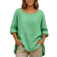 thumbnail image 2 of YMNXA Women's Shirts Long Sleeve Crew Neck Solid Color Comfortable Breathable Loose Fit Linen Blouse Top For Casual Daily Wear,Green,Xxl, 2 of 5