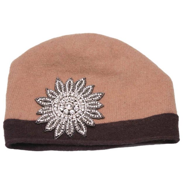 Gorros de invierno de invierno de lana para mujer con cresta de flores - camello / marrón SS/Sophia Beanie