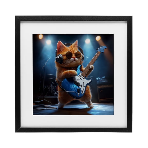 Cat Guitarist in Band Black Framed Print Under Glass, design by Jim Baldwin