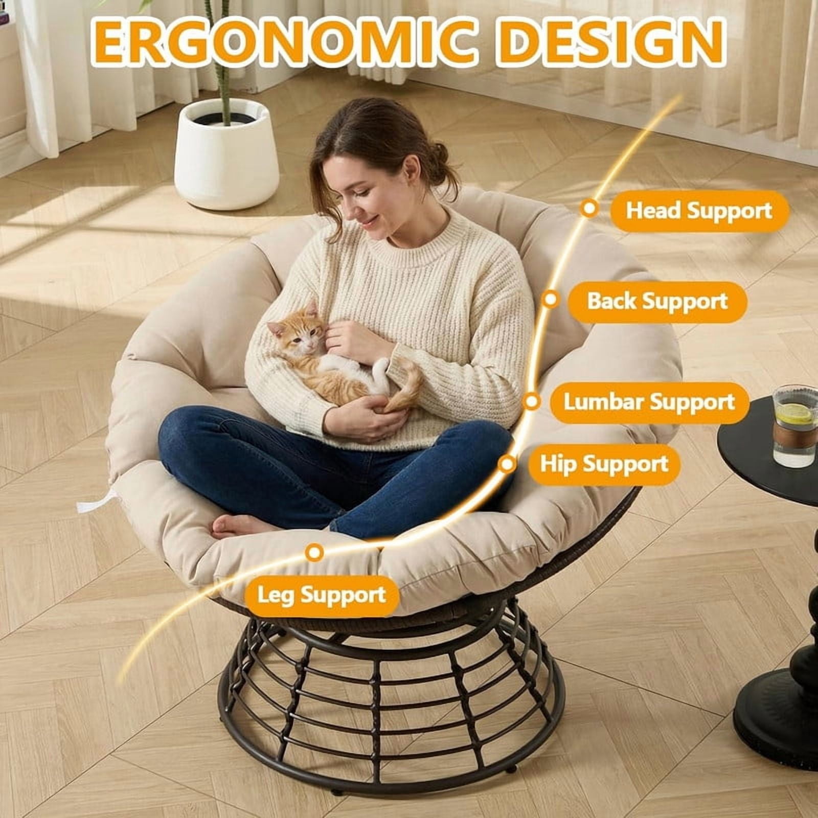 Ergonomic Wicker Papasan Chair, 360° Swivel Chair with Soft Thick Cushion for Living Room, Bedroom, Reading Room