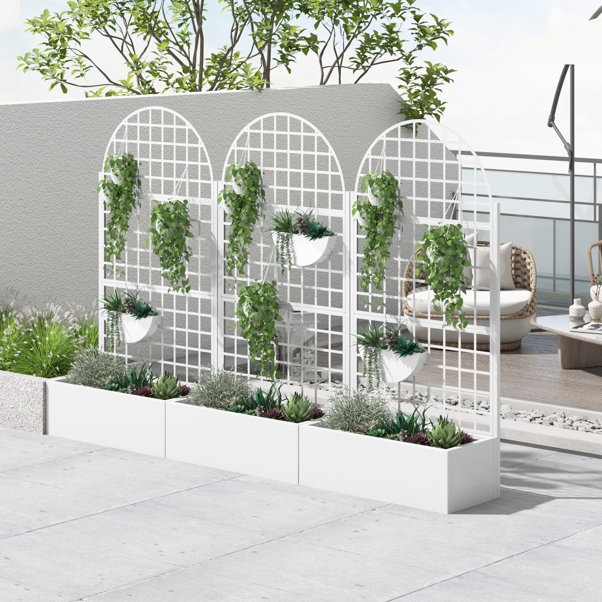 MAYEERTY 35*16*71"Outdoor White Metal Planter with Arch Climbing Trellis, Drainage hole & Wheels, Grid Pattern