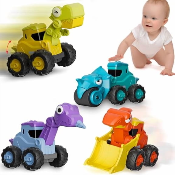 Press and Go Car Toys Push Go Friction Vehicle Toys 18-36 Months Dinosaur Construction Car Set for 2-6 Year Old Toddlers Boys Girls Kids,Dino Racing Brithday Gift Party Favors Toy