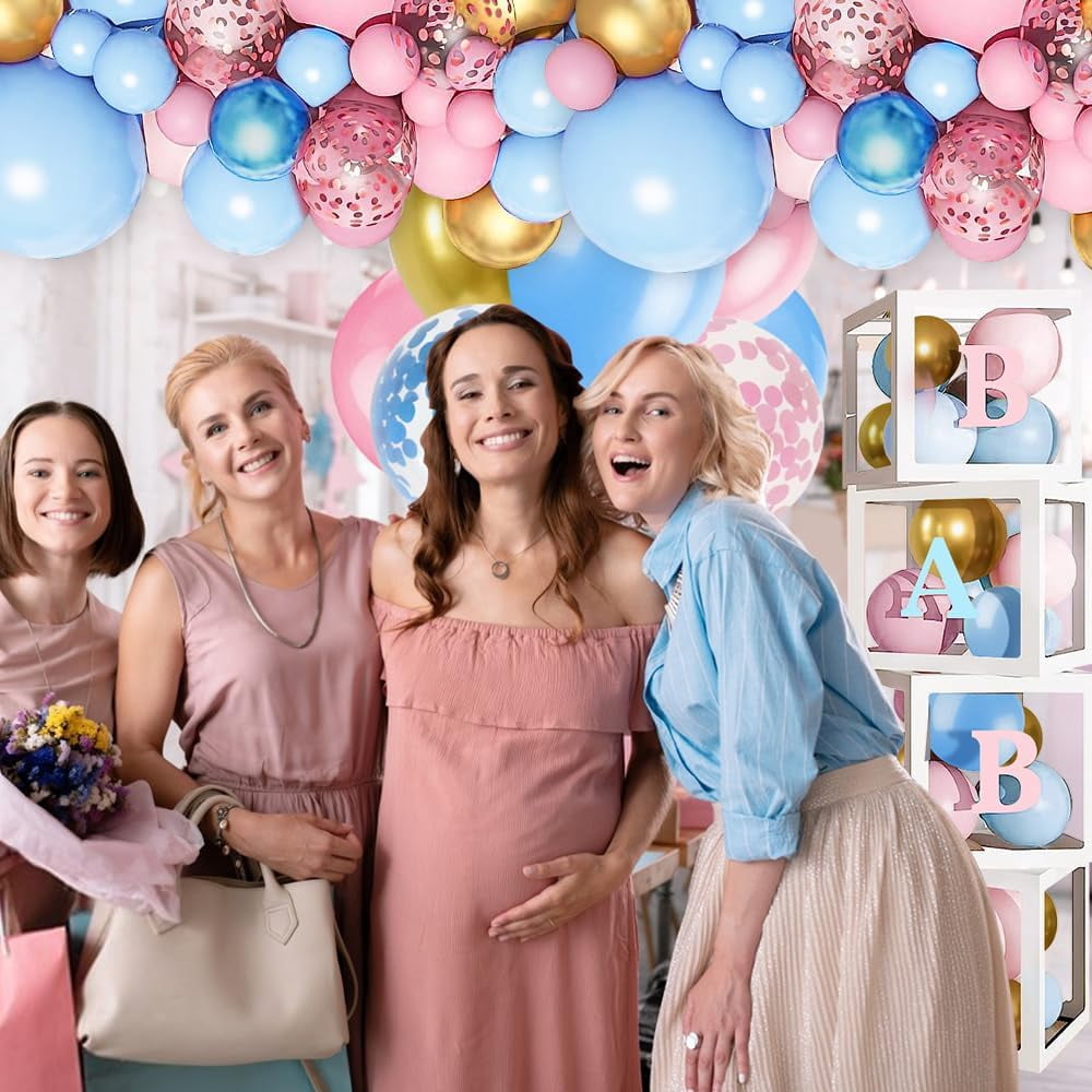 Baby Boxes Gender Reveal Balloon Decorations, Pink and Blue Balloon Garland Arch Kit, Baby Boxes with A-Z+Baby Letters for Gender Reveal Party Supplies