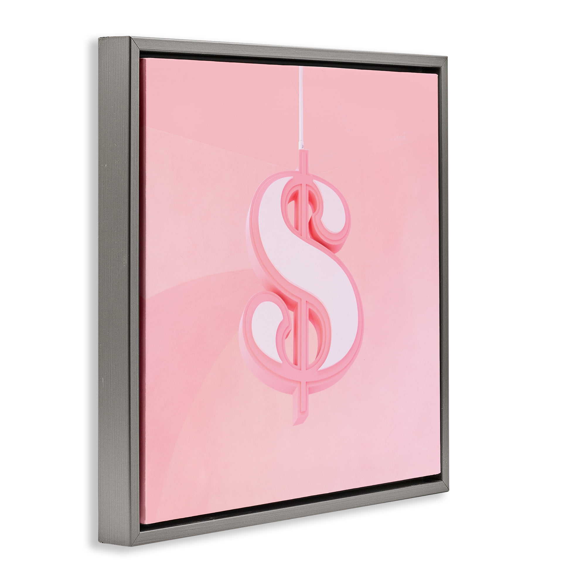 Pink Pastel Dollar Sign Gray Framed Floater Canvas Wall Art, design by LISH Creative