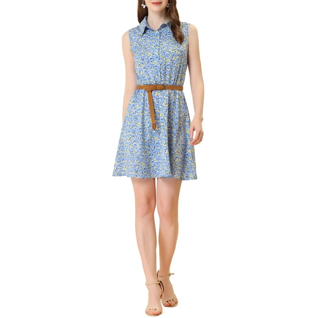 INSPIRE CHIC Robe Ceinturée de Printemps Sans Manches pour Femme à Imprimé Floral, Demi-Patte de Boutonnage, Longueur Genou, TG Bleu-Jaune Floral