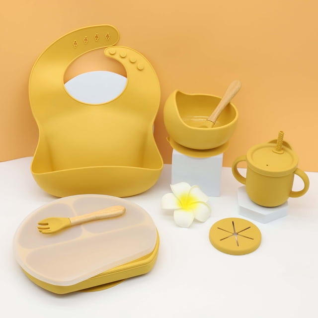 Plato de silicona para la cena, babero para bebé, cuenco para bebé, vajilla para niños, mantel individual, cuchara, tenedor, juego de taza para refrigerio resistente a caídas