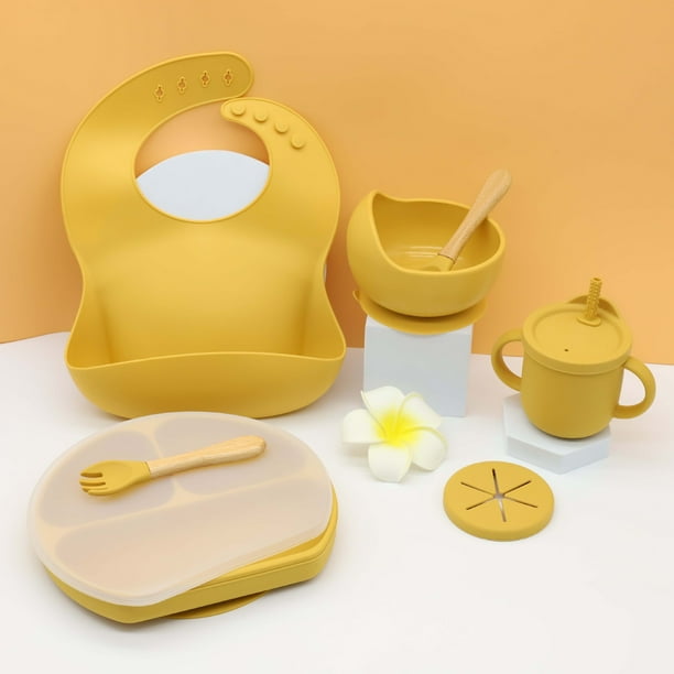 Plato de silicona para la cena, babero para bebé, cuenco para bebé, vajilla para niños, mantel individual, cuchara, tenedor, juego de taza para refrigerio resistente a caídas