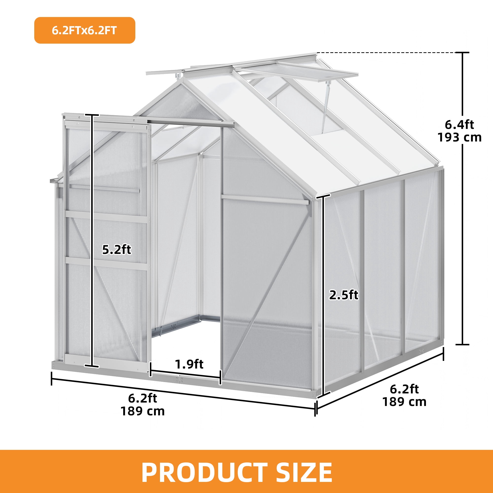 Dextrus 6x6FT Walk-in Robust Aluminum & Polycarbonate Greenhouse:for Outdoor Gardens