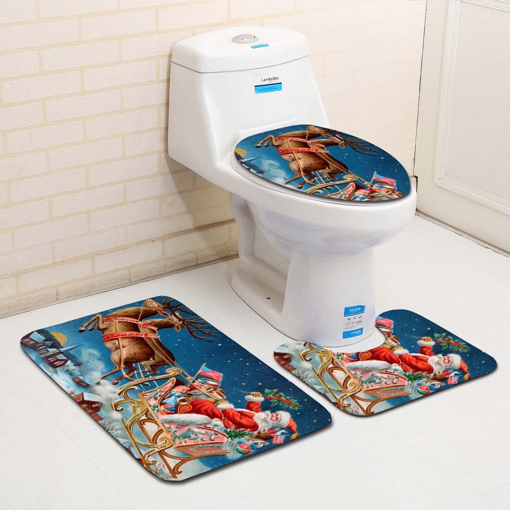 Siaonvr 3PCS Fancy Santa Toilet Seat Cover and Rug Bathroom Set
