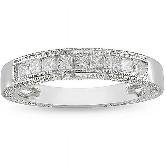 Antique Design Half Carat Princess Wedding Band in 10k White Gold