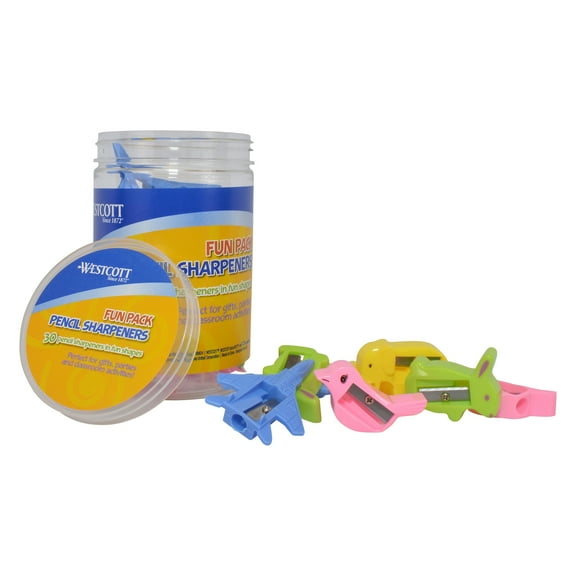 Westcott Manual Pencil Sharpeners Fun Pack, Assorted Shapes, 30 Count