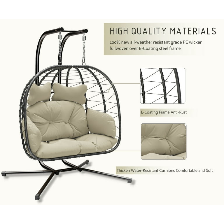 Esmlada Double Wicker Swing Egg Chair Hammock Foldable Hanging Loveseat with Stand UV Resistant Removable Cushions 700LBS Capacity for Bedroom