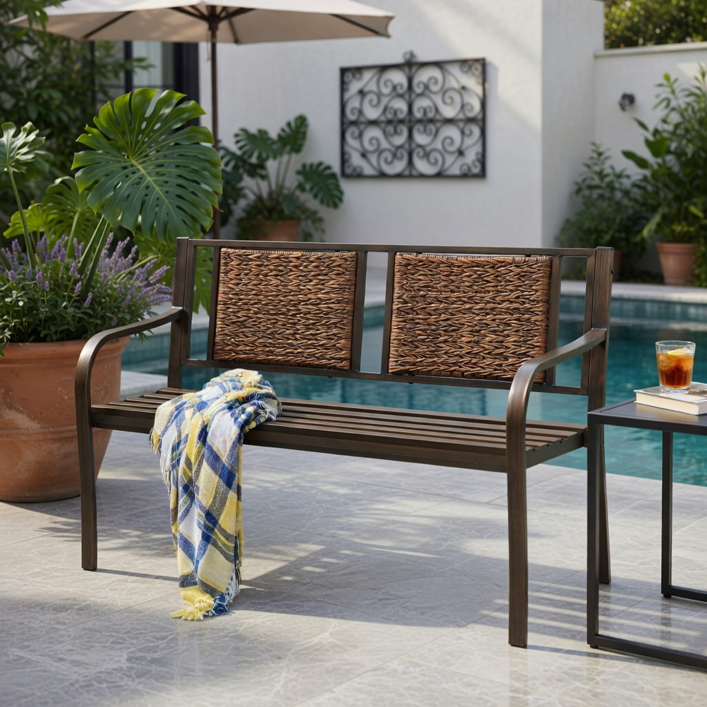 Hommoo Outdoor Patio Bench, Heavy-Duty Powder-Coated Steel Frame with All-Weather PE Rattan, Garden, Backyard & Balcony Seating, Bronze