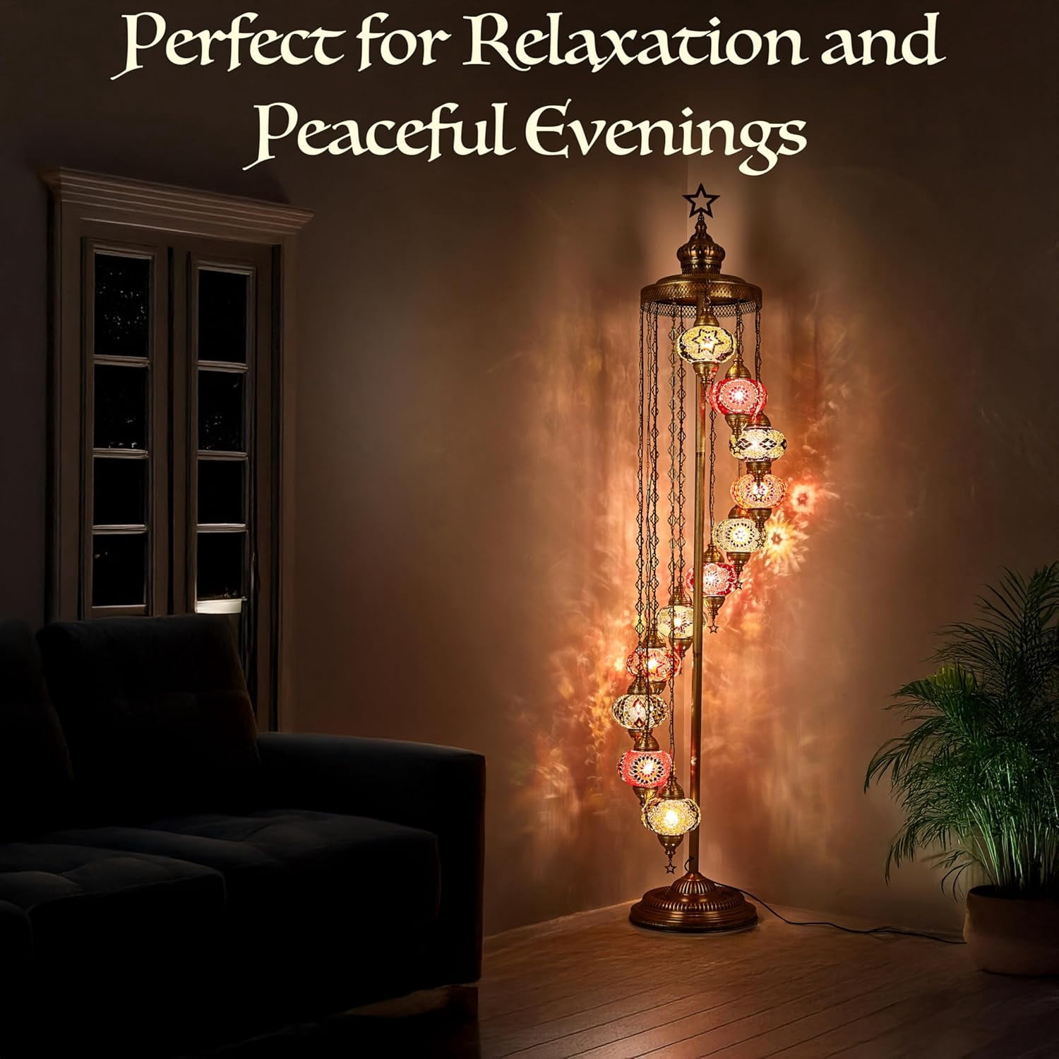 DEMMEX 11-Globe Turkish Moroccan Mosaic Floor Lamp, 7ft Handmade Bohemian Standing Light, Tall Tiffany-Style Decorative Lamp with Mosaic Glass Globes – Handmade in Turkey (Multicolor)