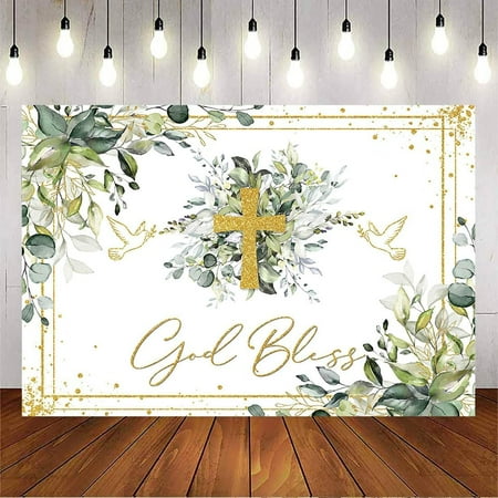 Greenery Baptism Backdrop Green Eucalyptus Gold God Bless Background First Holy Communion Christening Newborn Baby Shower Party Decorations Banner Photo Booth Props (Green, )