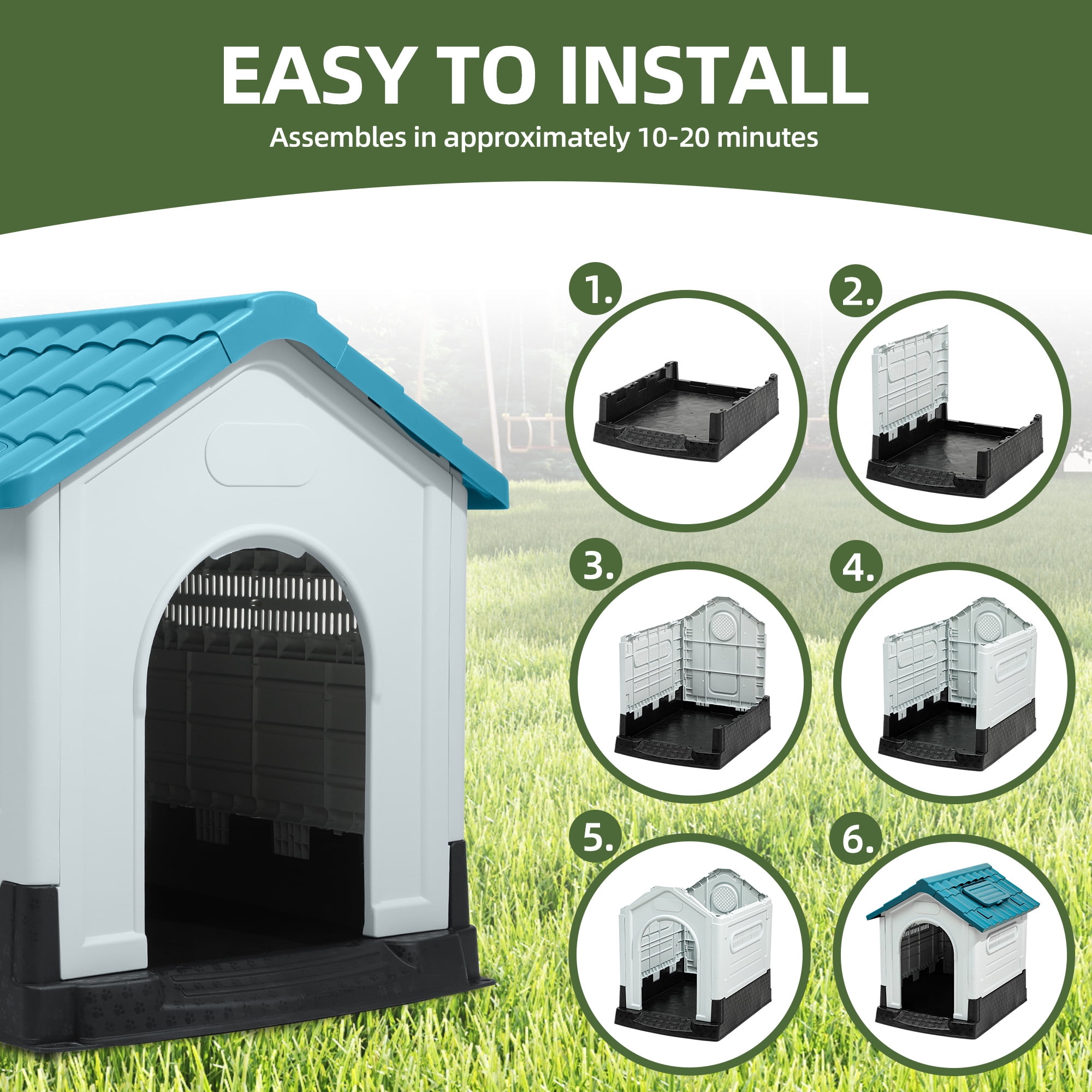 Uforic Foldable Plastic Dog House with Adjustable Skylight and Elevated Floor, Outdoor Indoor Waterproof  Doghouse Puppy Shelter,Blue,26.8''Lx 22.4''Wx 26''H