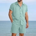 thumbnail image 2 of JUUYY Mens 2 Piece Vacation Outfits Button Down Short Sleeve Shirt and Drawstring Shorts Casual Textured Beach Summer Matching Sets Mint Green L, 2 of 9