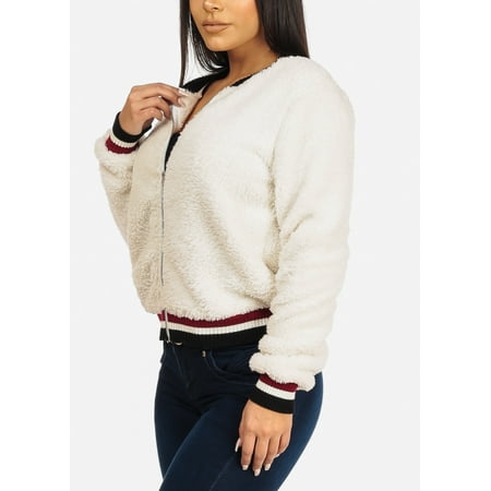 Rabbit Fur Bomber - Casual Fashion Womens Juniors Faux Fur Ivory Bomber Outwear Jacket 20750T