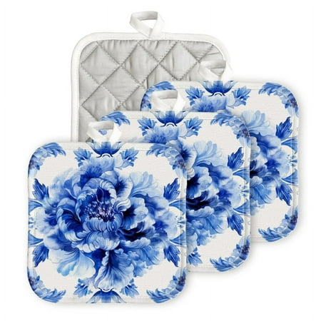 

Bahomeck Pot Holder 4Pcs Blue And White Pattern With Peony Flowers Square Heat Resistant Hot Pads For Kitchen Cooking Oven With Hanging Loop Potholder Easy To Store
