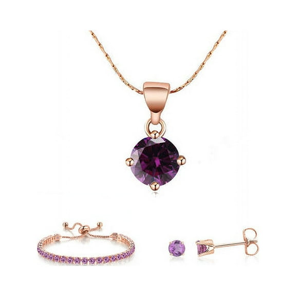 Bonjour Jewelers 10k Rose Gold 6 Ct Round Created Amethyst Set Of Necklace, Earrings And Bracelet Plated