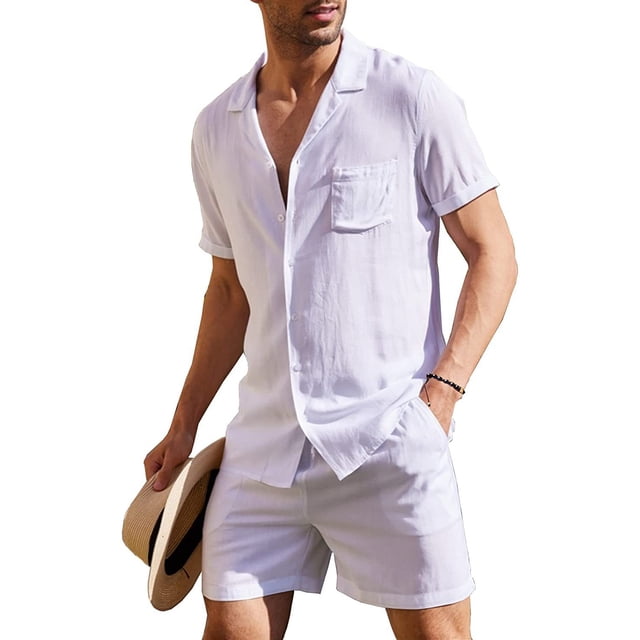 Conjunto de camisa de lino y algodón, conjunto de camisa de lino y algodón, conjunto de manga corta para playa transpirable, camisas casuales con botones, diseño revolucionario