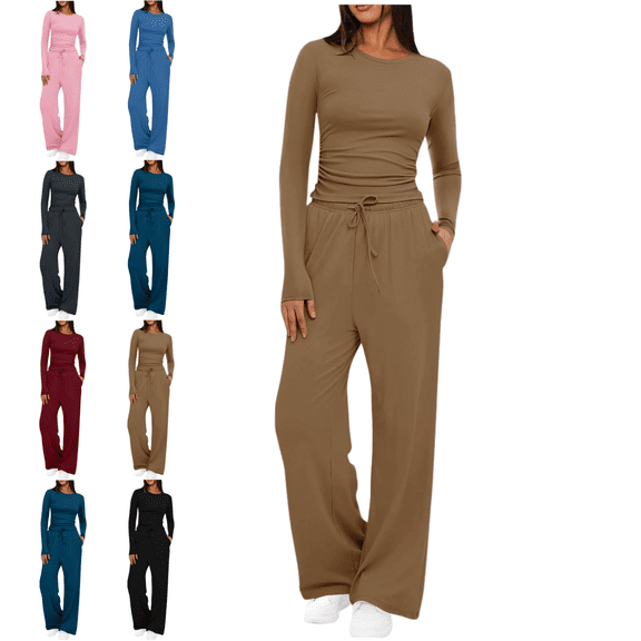 Mifsaly Matching Lounge Sets for Women Slim Fit Casual 2 Piece Sweatsuit Long Sleeve Cropped Tops Drawstring Loose Wide Leg Pants Sweatpants with Pockets Fashion Loungewear Outfits