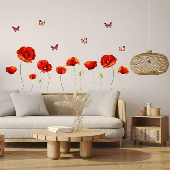 Red Poppy Flowers Wall Stickers Peel and Stick Wall Decals Removable Vinyl Butterfly Wall Sticker
