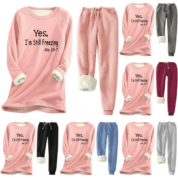 Fanxing Yes I'm Still Freezing Sherpa Thermal Sets for Women 2025 Fall Winter Drawstring Sweatpants Lounge Wear 2 Piece Set Thickened Plush Long Sleeve Pullover Pajamas Sets Sleepwear Pink,XL