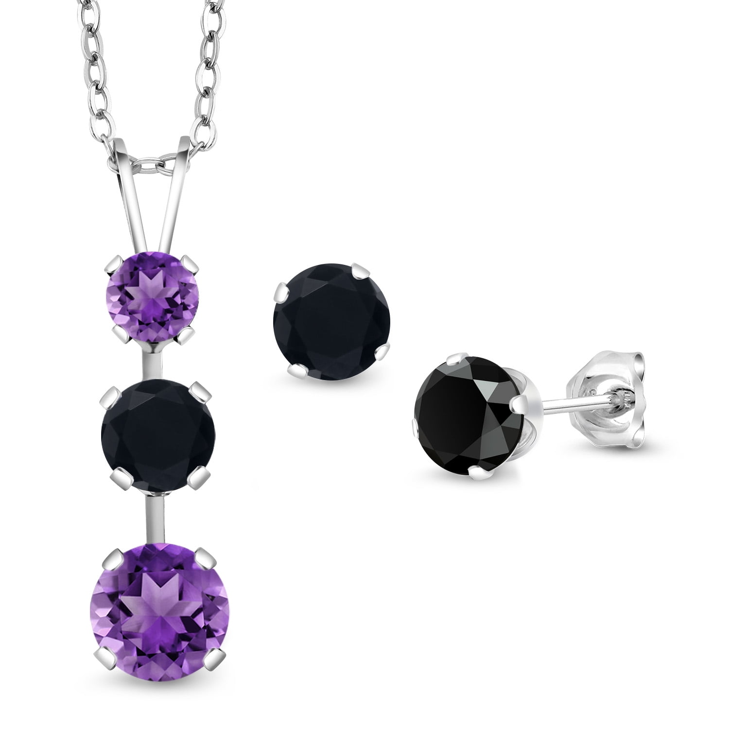Gem Stone King 925 Sterling Silver Purple Amethyst and Black Onyx Pendant and Earrings Jewelry Set for Women (2.68 Cttw, Gemstone February Birthstone, with 18 inch Chain)