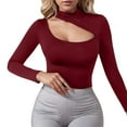 thumbnail image 2 of Aobny Red Workout Tops Long Sleeve Cutout Women Mock Neck Clothes Asymmetrical Boho Tops,L, 2 of 5