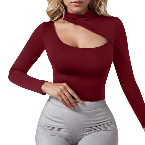 AherBiu Crop Tops for Women Cutout Neck Long Sleeve Slim Fitted Fall Casual Stretch Comfy Cute Shirts