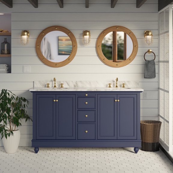 Bella 60" Double Bathroom Vanity with Royal Blue Cabinet and Carrara Marble Top