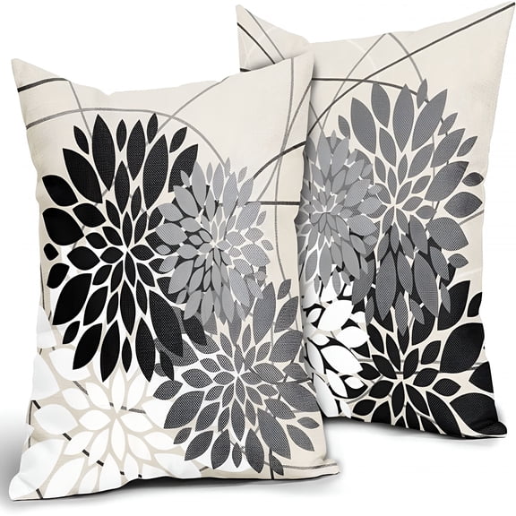 AUQ Black Brown Pillow Covers 2Pcs Dahlia Flower White Gray Elegant Colored Throw Pillows Farmhouse Outdoor Decor for Home Living Room Sofa Bed Modern Floral Linen Square Cushion Case 18X18 Inch