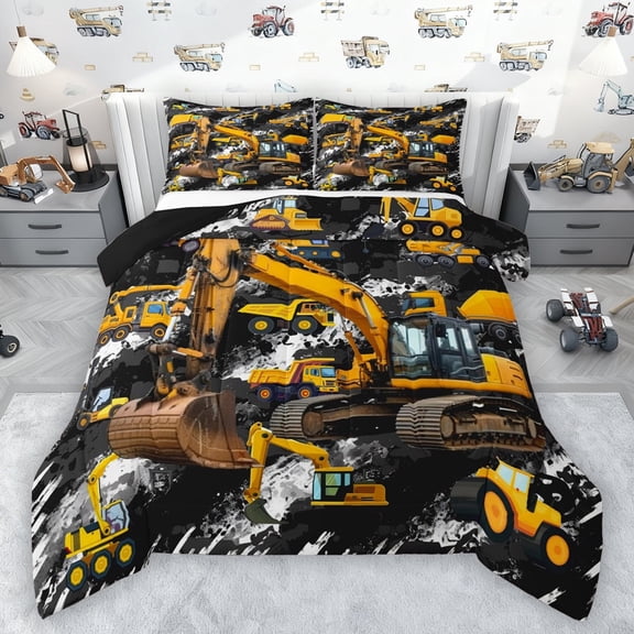 Manfei Excavator Pattern Bedding Comforter Set,Construction Vehicles Twin Comforter Sets,Yellow Black Bedding Set For Boys Kids,Luxury Bedroom Decor Reversible,2 Pieces