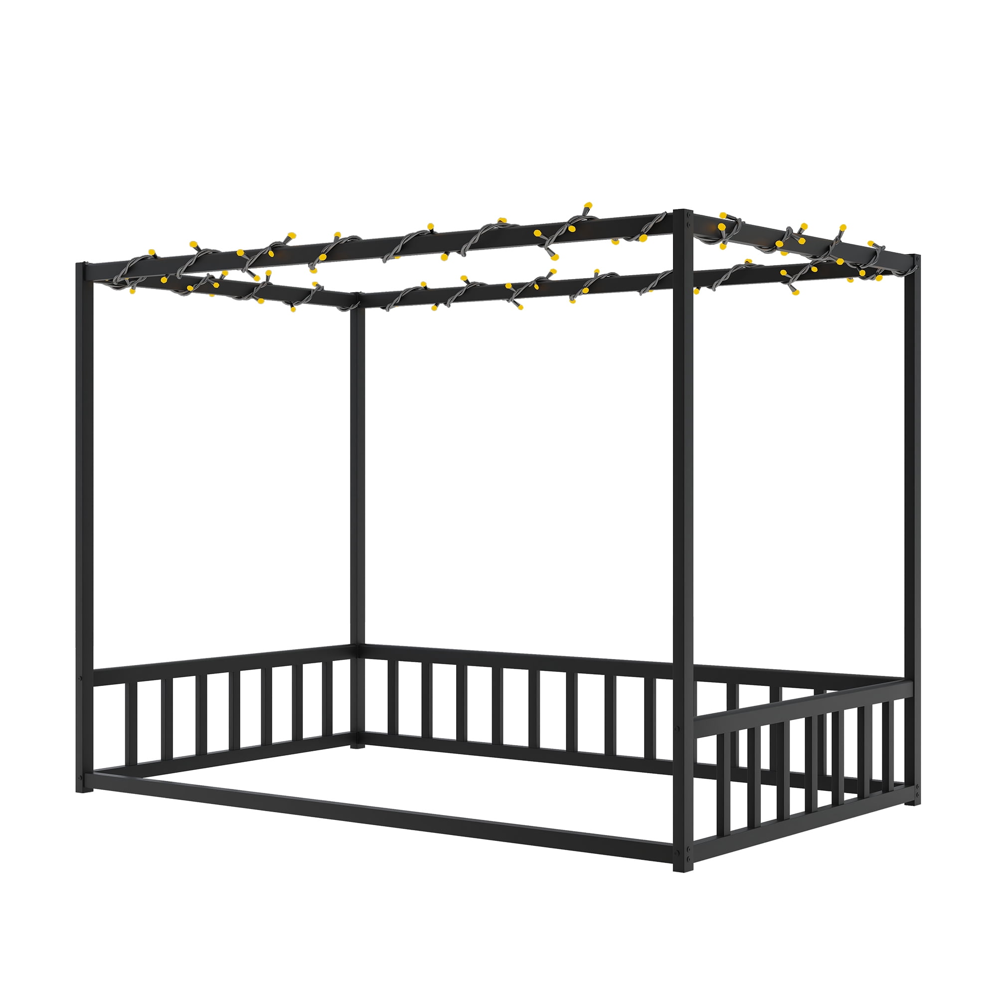Mintazer Twin Size Kids Sunshade Floor Bed Frame with Guardrails, Canopy Floor Bed for Low Profile, Black