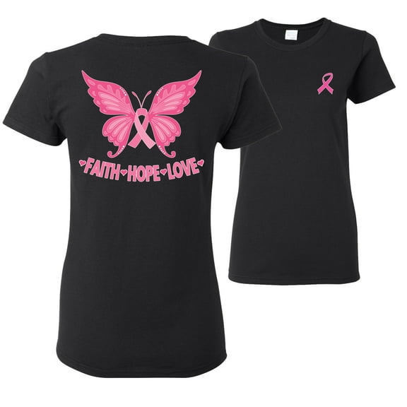 Wild Bobby, Butterfly Pink Ribbon Faith Hope Love, Breast Cancer Awareness, Front and Back Women Graphic Tee, Black, Small