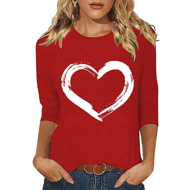 Plebaso Hauts Cœur pour Femmes Manches 3/4 Col Rond T-Shirts Graphiques Mignons Imprimés Blouses Décontractées pour Femmes