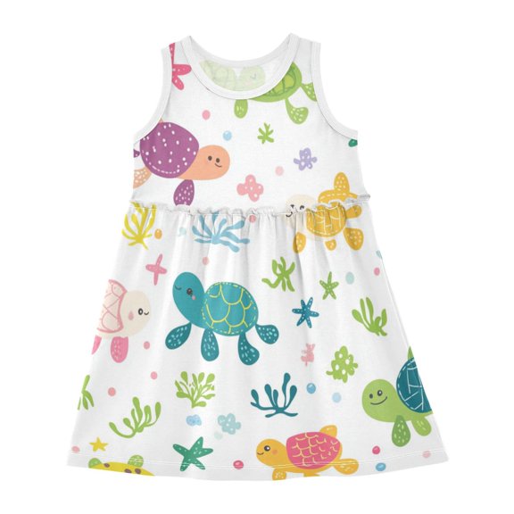Toddler Girls Sleeveless Cotton Dress Summer Casual Beach Playwear A-Line Sundress 2T-8Y Sea Turtles